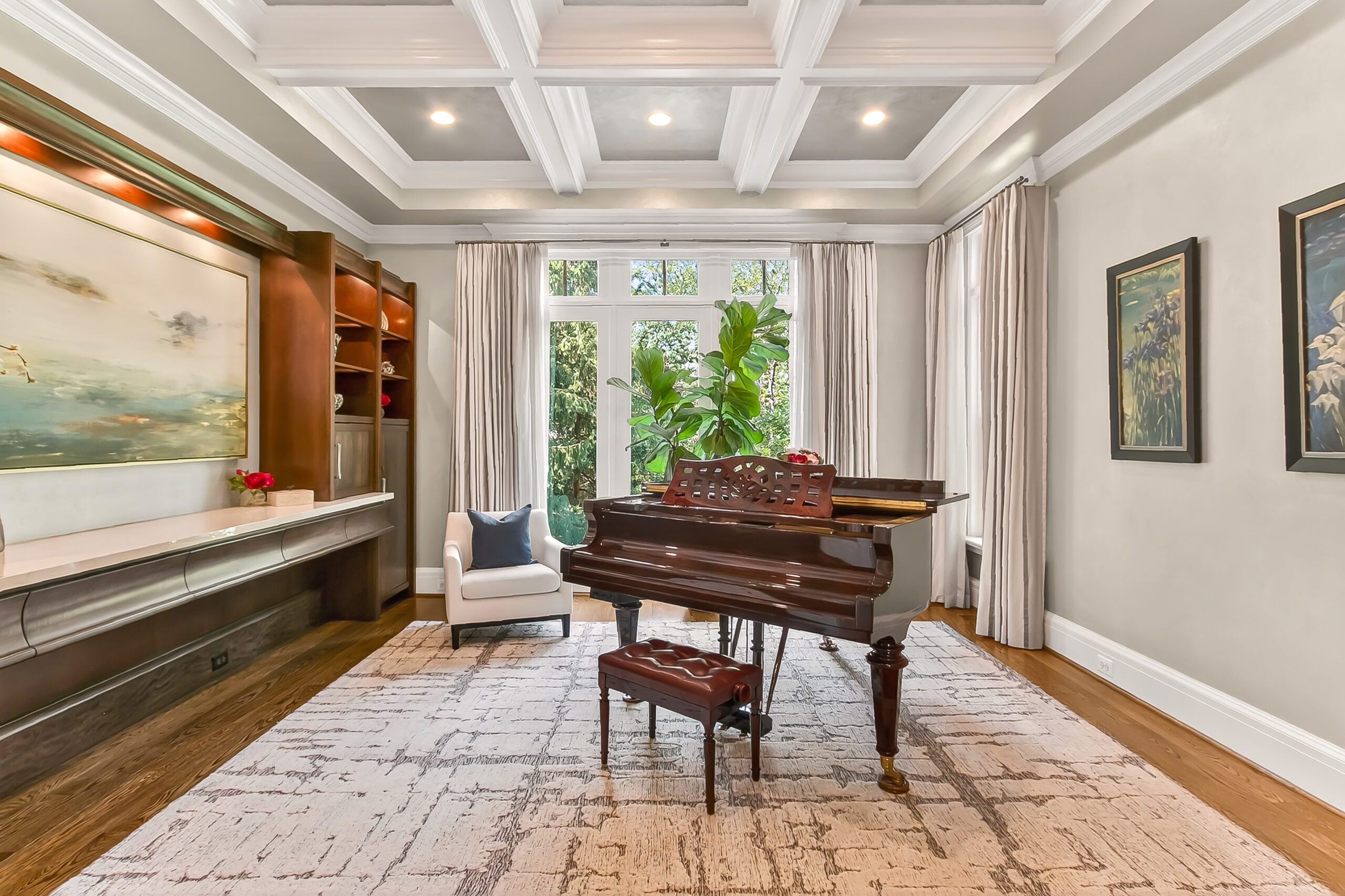 Luxury music room design with piano and wood accents in McLean VA by Nadiha Chaudri