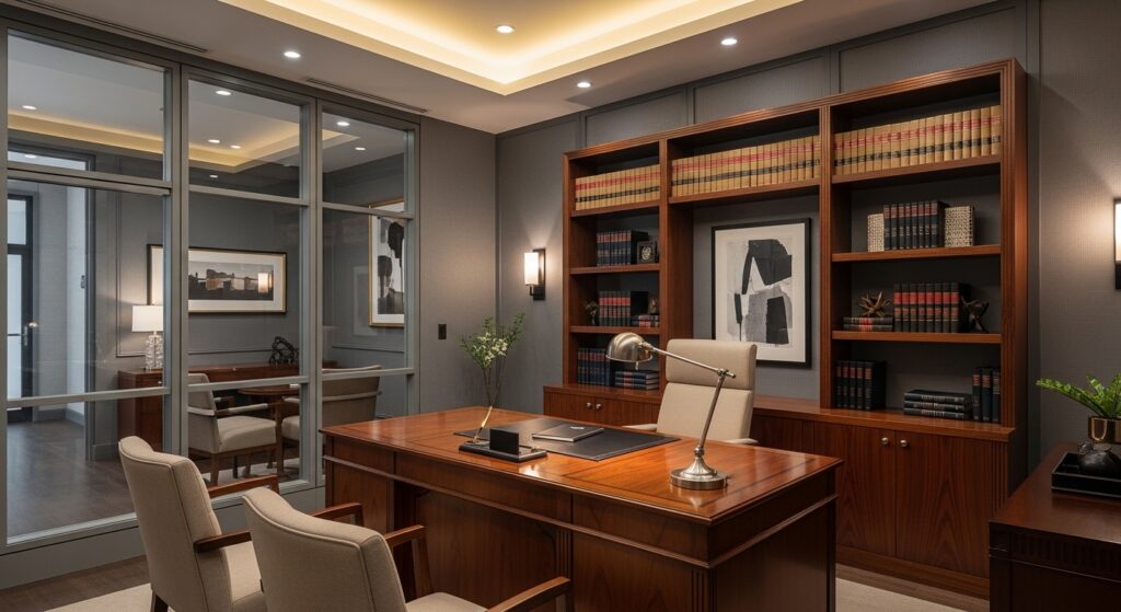 Private attorney office with soundproof design and executive workspace layou