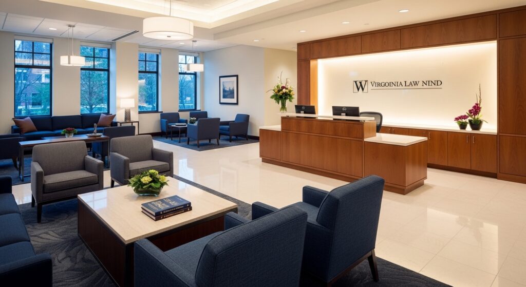 Modern Virginia law firm reception area with warm lighting and professional interior design