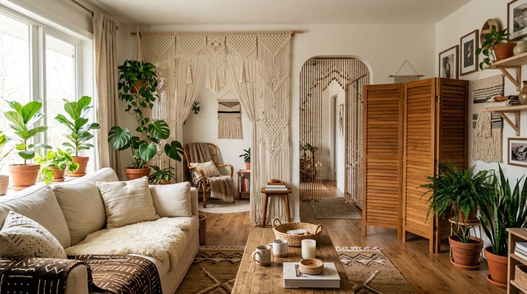 Decorative room divider, beaded curtain and macramé hanging used as creative door alternatives in a modern home