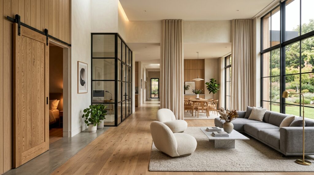 Modern apartment interior featuring sliding barn door and glass partition as stylish space-saving door alternatives